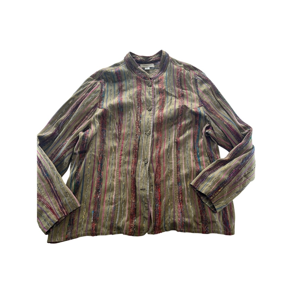 Coldwater Creek 2X Olive Green Striped Textured Button Front Shirt Made in India